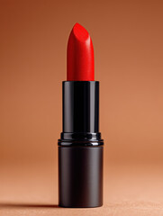 Vibrant red matte lipstick with vivid hue stands elegantly against warm, neutral background, showcasing its smooth texture and bold color. This striking cosmetic item is perfect for enhancing any