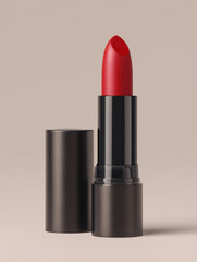 Obraz premium Vibrant red matte lipstick displayed elegantly against soft beige background, showcasing its sleek design and rich color. This product is perfect for adding bold touch to any makeup look