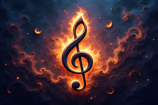 Fantasy-inspired background centered on the C-clef, surrounded by creative musical swirls in a vivid and harmonious design 