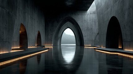 Minimalist concrete hall with towering columns and arched windows, embodying serene symmetry and modern elegance.