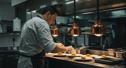 Male Chef Plating Gourmet Dishes in a Professional Restaurant Kitchen. Culinary Expert at Work. Food Preparation Process.