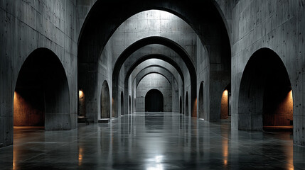 Minimalist concrete hall with towering columns and arched windows, embodying serene symmetry and modern elegance.