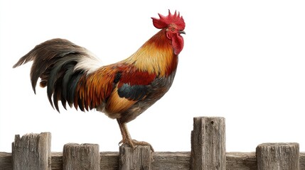 Rooster perched on a weathered wooden fence against a white background
