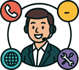 Cartoon of support staff with headset surrounded by call globe wrench and negative symbols
