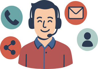 Cartoonstyle man with headset surrounded by circles with phone email share and person icons