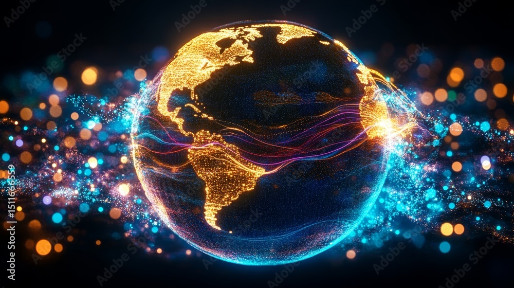 Poster global network connections. glowing globe with data trails and particles on dark background