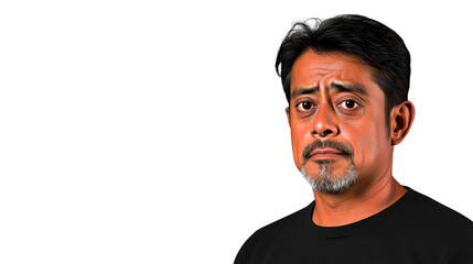 Hispanic man with graying hair, concerned expression, cut out transparent