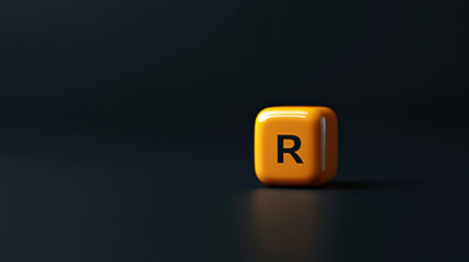 Single orange cube with letter R on dark background, creating minimalist and modern design. cube glossy surface reflects light, adding depth and contrast to scene