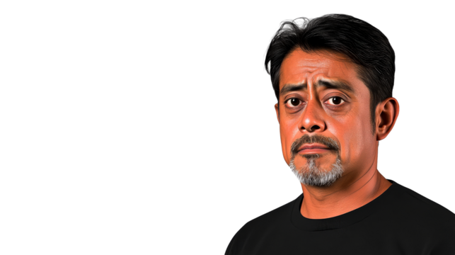 Hispanic man with graying hair, concerned expression, cut out transparent
