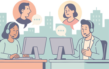 Two call center workers at desks using computers and headsets communicate with distant people depicted above