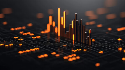 Digital representation of data analytics with glowing orange bars and lines on dark background, symbolizing business model innovation in digital transformation
