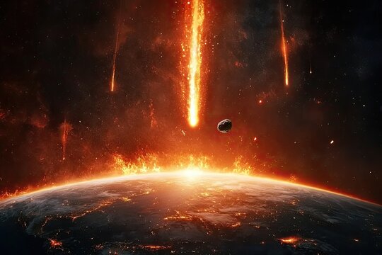 Celestial catastrophe; fiery meteorites rain down on a burning Earth