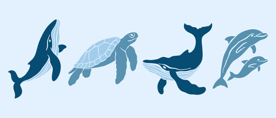 Fototapeta premium Underwater ocean animals simple minimalist illustrations set. Whales, sea turtle, dolphins vector doodles