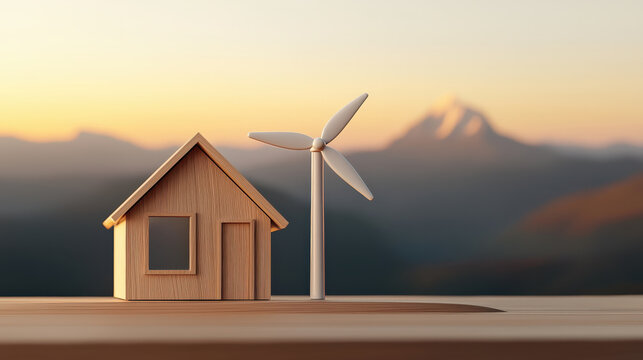 Small wooden house model and wind turbine are set against serene mountain landscape at sunset, symbolizing sustainable living and renewable energy