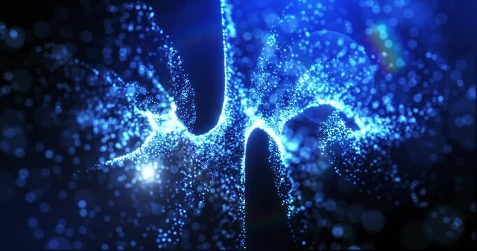 Abstract blue digital dynamic particle waves with motion light background, data flow, cyber technology. 3d rendering. Seamless loop video 4k. Video screensaver animation - Powered by Adobe