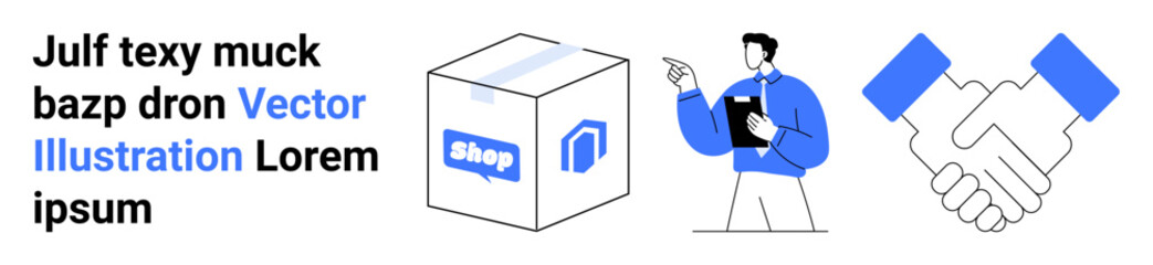 Product box with shop logo, clipboard-holding professional pointing, and handshake representing business agreements. Ideal for online retail, logistics, teamwork, partnerships, customer service