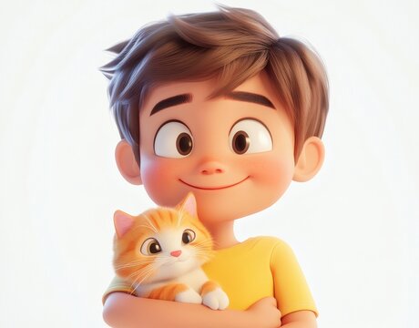 3D illustration of a happy boy playing with his pet cat, isolated on white, celebrating International Cat Day.
