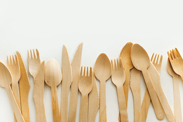 Disposable Wooden Cutlery on White Background