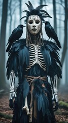 Fototapeta premium A figure in feathers and animal bones stands in the misty twilight of the forest. The face is hidden by a wooden mask, there is a crow on the shoulder. An atmosphere of mysticism and folk horror.