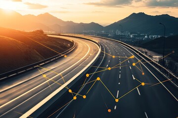 Highway stretching through mountains at sunset.  Data points overlaid