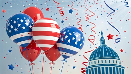 Obraz premium Festive balloons in the colors of the American flag - red, white and blue - with star confetti create a festive atmosphere. Bright helium balloons and streamers emphasize patriotism.