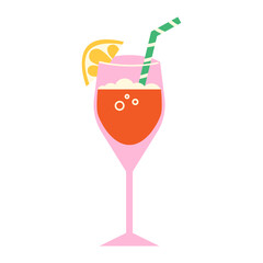 hand-drawn cocktail with a straw and lemon in a flat style is isolated