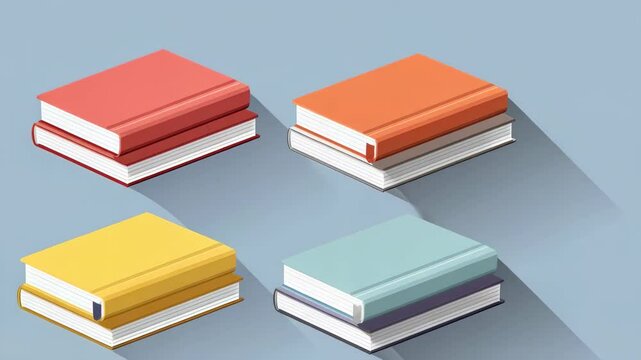 Colorful isometric books stacked, red, orange, yellow, and blue on grey background, flat design, knowledge, learning, reading, study