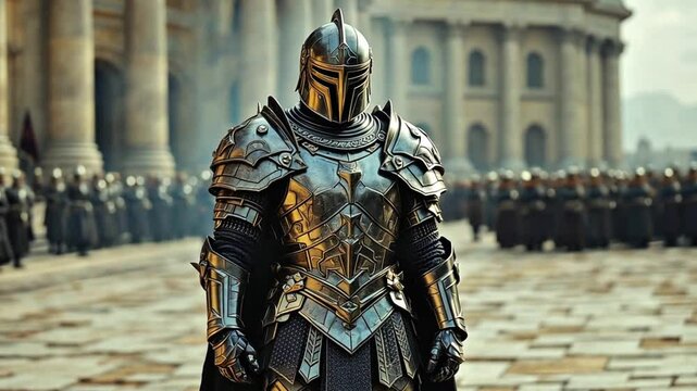 A knight in shining armor standing in a medieval city, with an army behind him
