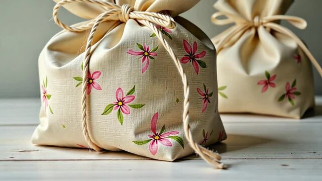 Charming Fabric Gift Bags with Floral Patterns and Rustic String Ties, adding elegance to presents and gifts. These bags are a beautiful choice for giving gifts.