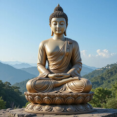 Fototapeta premium Golden Buddha Statue Meditating Against a Mountain Scenery