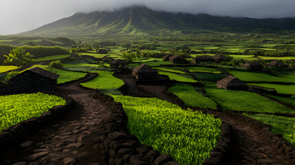 Terraced Fields And Volcanic Mountain Range View