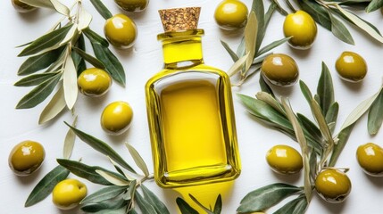 Olive Oil Bottle with Fresh Olives and Branches