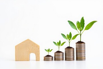 Investment growth concept: wooden house and money coins stacks with plants growing