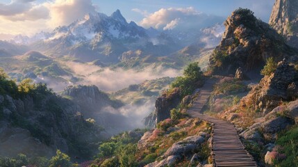 Serene Mountain Path: A Digital Painting of a Misty Mountain Landscape with a Winding Wooden Walkway