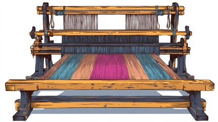 Antique loom with vibrant colored fabric