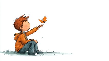 Boy watching butterfly fly away