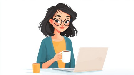 Cartoon woman working on laptop