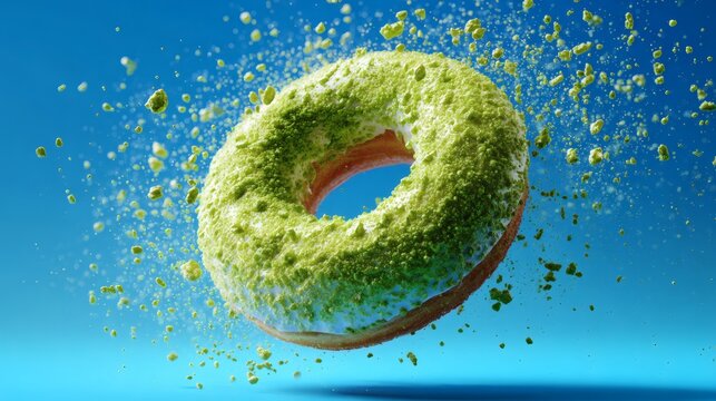Vibrant matcha donut flying in vivid blue background with crispy toppings – trendy food visual Image 4K UHD
