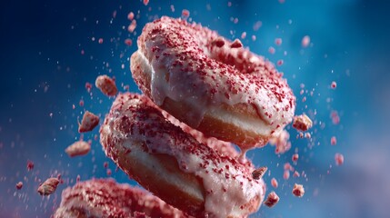Strawberry sugar donuts stacked and mid-motion on icy blue background with ambient lighting – chilled dessert Image 4K UHD