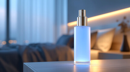 Elegant pastel blue spray bottle on nightstand in soft luxury bedroom light