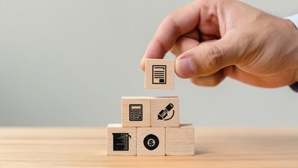 Business planning strategy concept hand arranging wood block stacking as step stair