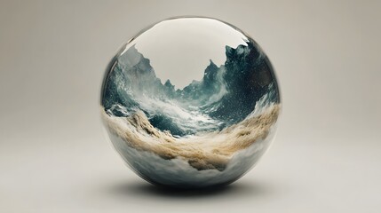 Waves of the sea in a transparent glass globe. Abstract design photo with nature and environment concept.
