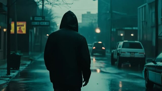 back view of man in a hood walks down the street with rain