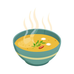 Vector illustration of a steaming bowl of creamy soup with herbs on white background