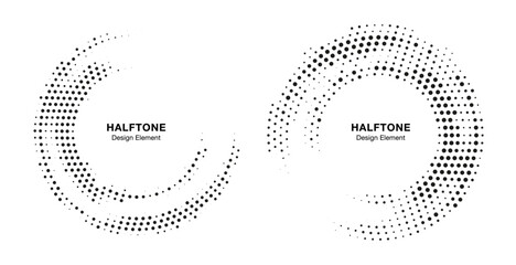 Halftone Circle Frame Abstract Dots Logo Emblem Design Element For Medical, Treatment, Cosmetic. Round Border Icon Using Halftone Circle Dots Raster Texture. Vector Emblem.