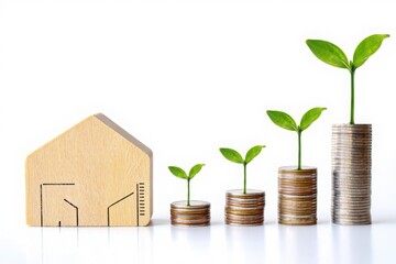 Real estate investing growth concept: house, money, coins, and plant growing stages