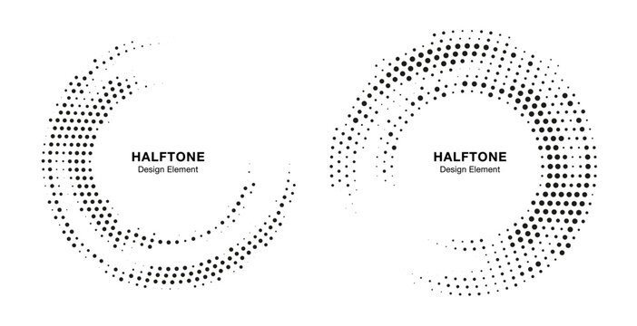 Halftone Circle Frame Abstract Dots Logo Emblem Design Element For Medical, Treatment, Cosmetic. Round Border Icon Using Halftone Circle Dots Raster Texture. Vector Emblem.
