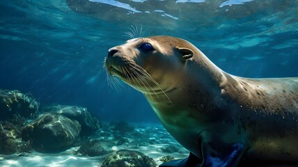 Obraz premium Color-enhanced image of a California sea lion underwater, glowing teal and blue ocean, dramatic lighting and vibrant contrast, surreal and eye-catching style,Generative Ai 