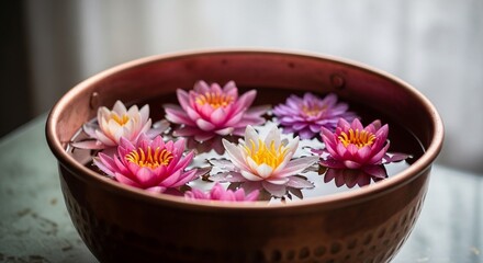 Serene Water Lily Blooms in Copper Bowl Tranquil Spa Setting