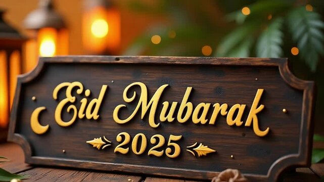 Eid Mubarak 2025 Wooden Sign with Glowing Candles